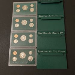 Coins - Brilliant Uncirculated proof sets in original packaging – 1995S and 1996S and 1997S and 1998S – each year set has contains 5 coins