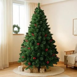 A green Christmas tree with red berries