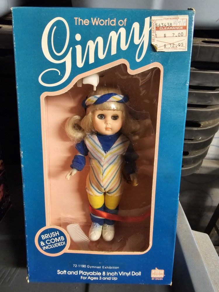 The World of Ginny" 72-1190 Gymnast Exhibition doll, specifically the 8-inch vinyl doll from 1987 by Dakin/Fun Farm