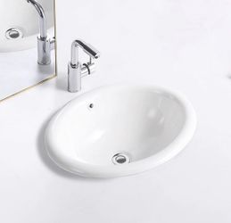 New Bathroom Oval Vessel Sink 18" x 15" Semi Recessed Sink White Ceramic Sink with Overflow Modern Sinks Bowl Vanity Above Counter Basin Drop In