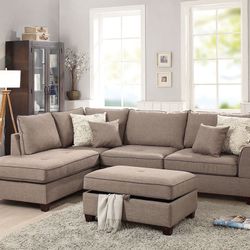 MOCHA DORIS FABRIC SECTIONAL SOFA REVERSIBLE CHAISE STORAGE CHAISE - SILLON SECCIONAL
