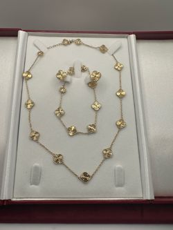 Brand new Van cleef style 14k solid gold necklace bracelet and earrings