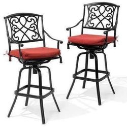 New Set of Cast Aluminum Swivel Patio Bar Stools with Red Cushions