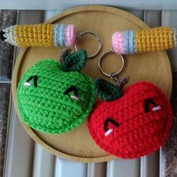 Crocheted Teacher's Apple/Pencil Amigurumi Keychain