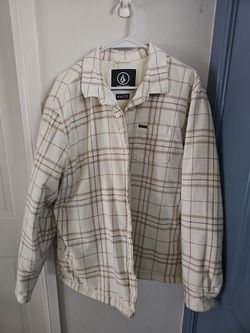 VOLCOM Plaid Shirt Jacket Overshirt Ivory Brown Size XL