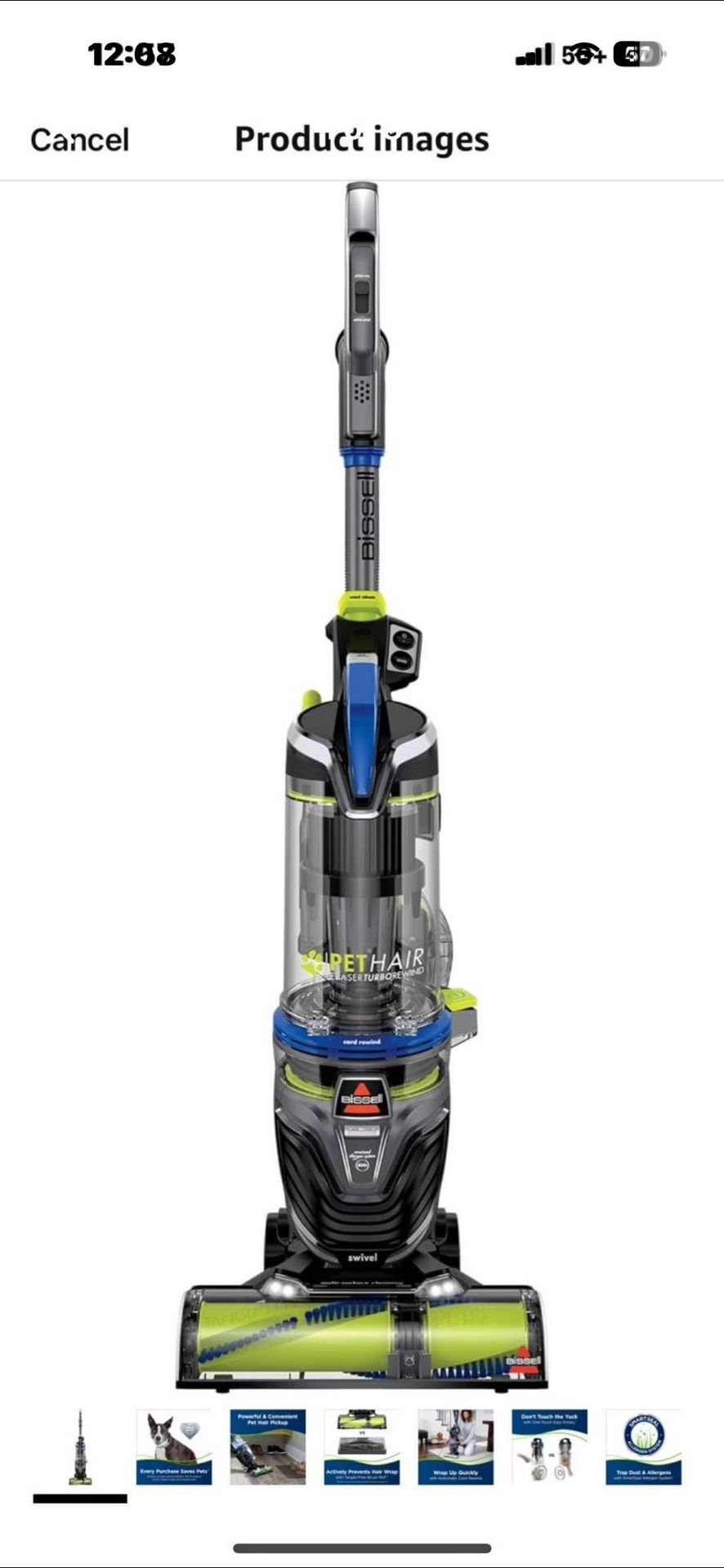 BISSELL Pet Hair Eraser Turbo Rewind Vacuum, Lightweight, Automatic Cord Rewind, Tangle-Free Brush Roll, Headlights, Powerful Pet Hair P