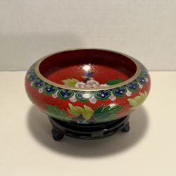 Vintage Chinese Cloisonné Enamel Bowl with Floral Vase Motif with Stand
