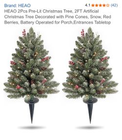 HEAO 2Pcs Pre-Lit Christmas Tree, 2FT Artificial Christmas Tree Decorated with Pine Cones, Snow, Red Berries, Battery Operated for Porch,Entrances Tab