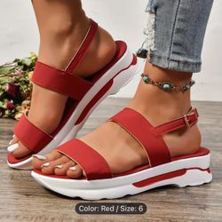 Women's Comfortable Solid Color Sandals, Ankle Buckle Strap Platform Walking Shoes, Low Wedge Vacation Shoes