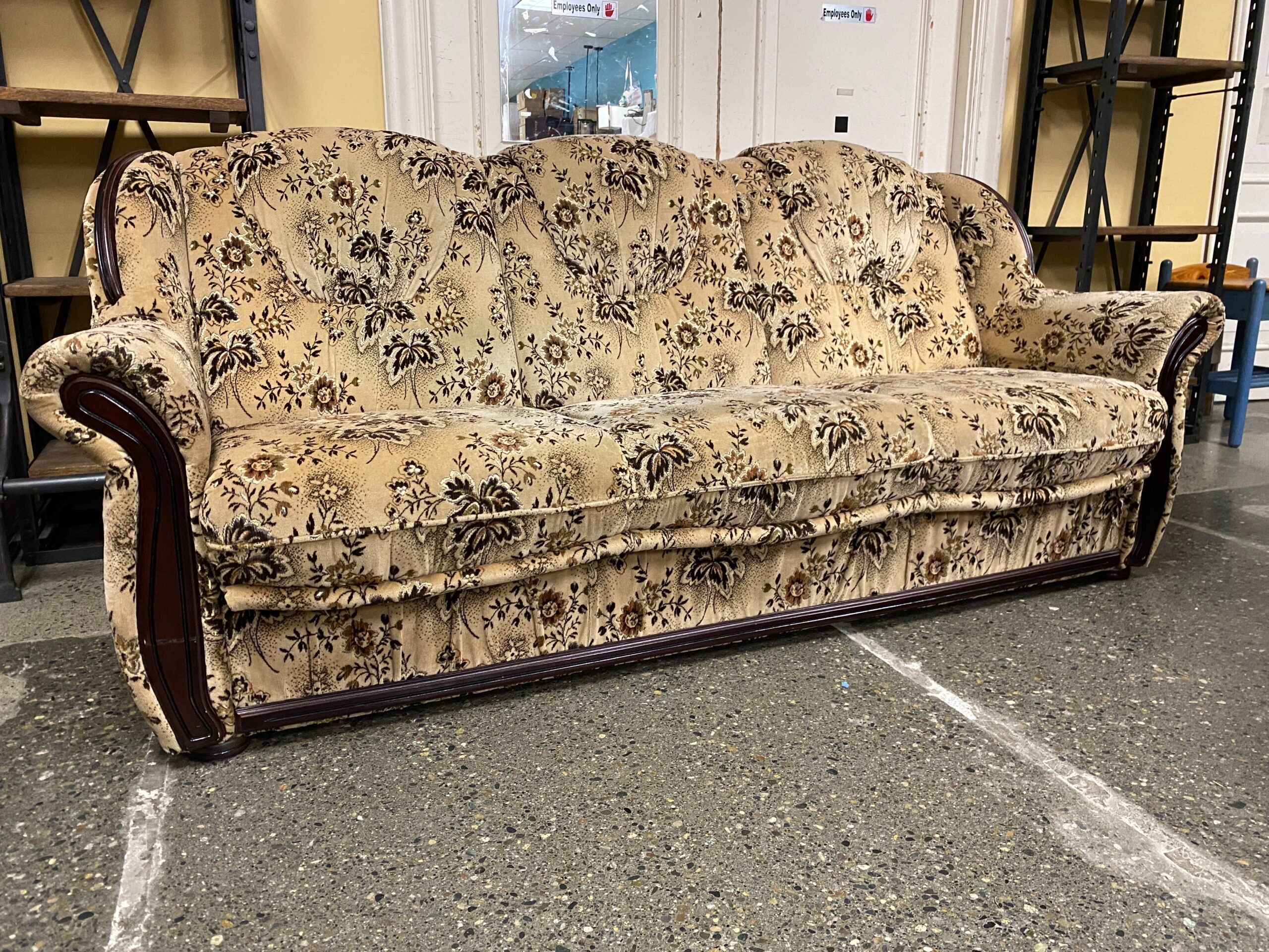 Tan Floral Patterned Upholstered Sleeper Sofa w/ Chocolate Wood Trim