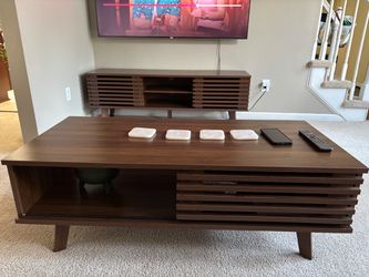 Mid-Century Modern Wood TV Stand and Coffee Table Set