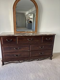 Wood Dresser with Mirror – Marble-Look Top