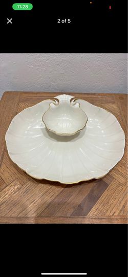 Vintage Lenox Aegean Seashell Chip and Dip Bowl: 24k Gold Rim