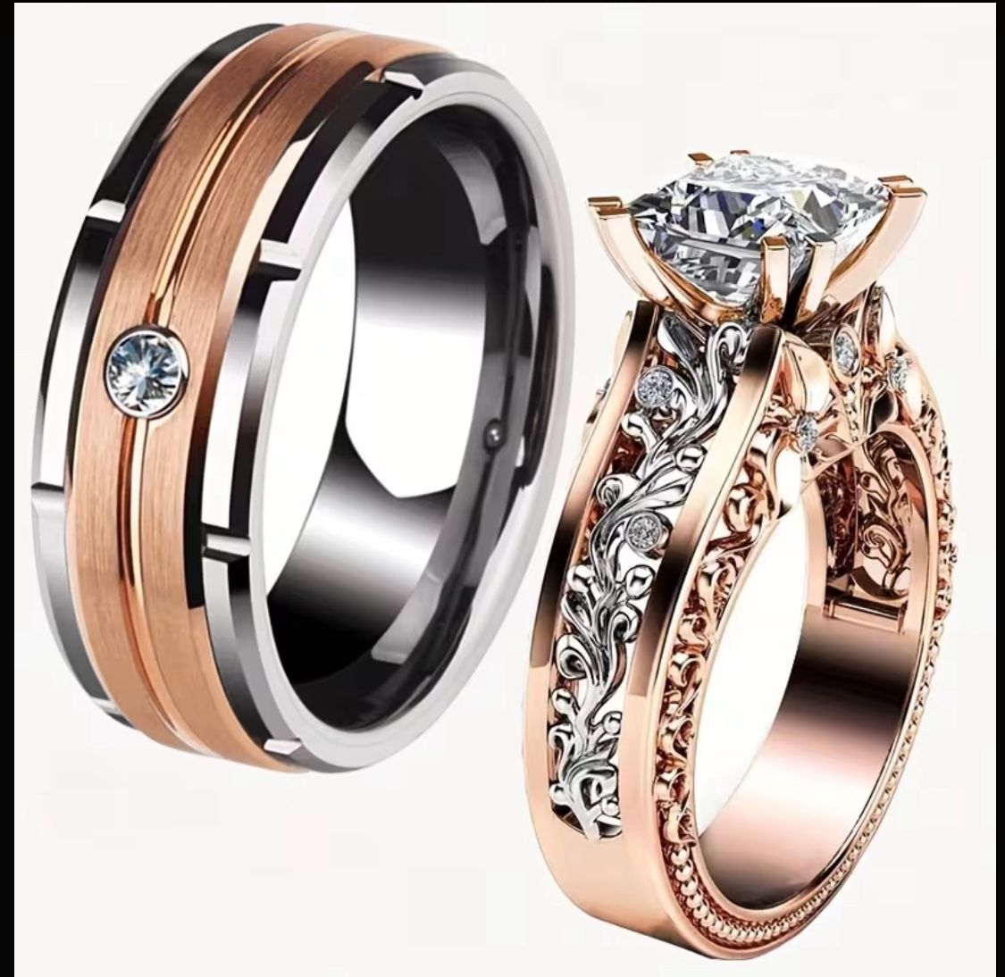 2pcs 304L Stainless Steel Couple Ring Set, Perfect for Weddings and Engagements, Elegant Luxury Style Jewelry