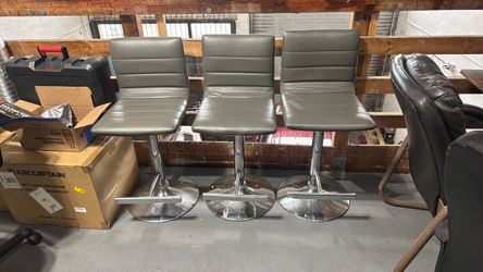 Set of 3 Gray Leather Bar Stools