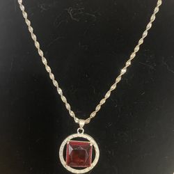 Silver Necklace With Red Gem Stone 