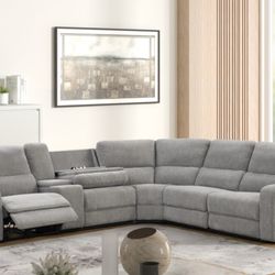 114" Wide Light Gray Chenille Fabric Power Reclining Sectional with Power Headrest, Charging Ports, Storage, and Cupholders