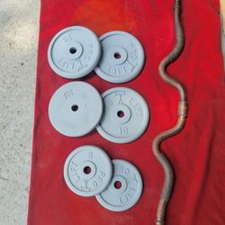 1" HOLE  EZ-CURL BAR AND 50LBs
2-5s.     4-10s.  
11525 S HALSTED DUNKIN DONUTS/7111.S WESTERN WALGREENS 
50$  CASH ONLY AS IS 