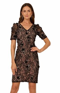 Adrianna Papell Women's Bead Lace Sheath Dress, Black/Rosegold, Size 18