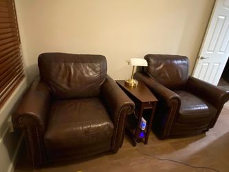 Pair of Brown Leather Club Chairs with Nailhead Trim