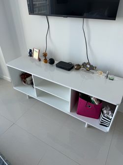 White TV Stand with Open Shelves