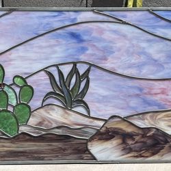  Vintage Large Desert Scene Custom Stained Glass 48”X22” Window Art 