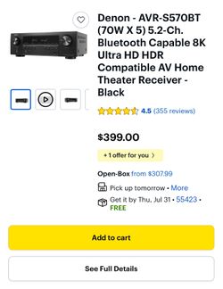 Denon - AVR-S570BT (70W X 5) 5.2-Ch. Bluetooth Capable 8K Ultra HD HDR Compatible AV Home Theater Receiver -