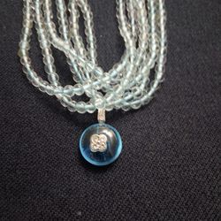 Necklace And Pendant,  18 K White Gold With Small Diamonds, 6 Lines Of Cristal Bolts,  Aquamarine Color, Hand Made