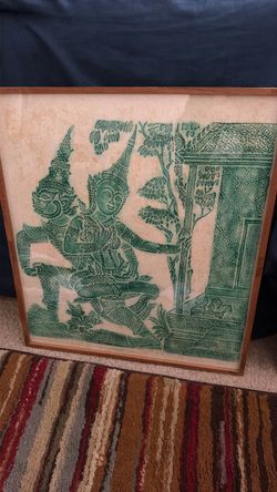 Vintage Mid-Century Framed Thai Temple Rubbings on Rice Paper - Set of 3 (Red, Blue, Green)