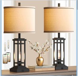 ROTTOGOON 27.5 Tall Farmhouse Table Lamps with USB C + USB A Charge Ports, Rustic Living Room Lamps Set of 2, Black Industrial End Table Lamp for Bedr