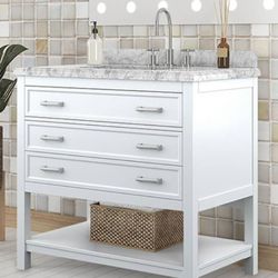 Brand New White 37 inch Bathroom Vanity w Marble Countertop + Sink