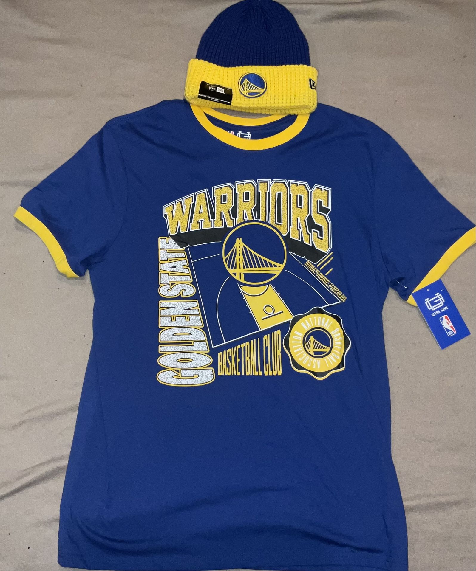 Golden State Warriors 2025 NBA Playoffs Ringer T-Shirt Adult size Large + New Era Waffle Beanie adult one size Both Brand NEW with tags $65 retail