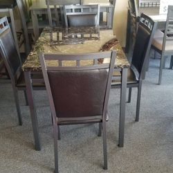 Brand New Gray Faux Marble Dining Table (48"×30"×30"H) + 4 Brown Vinyl Chairs