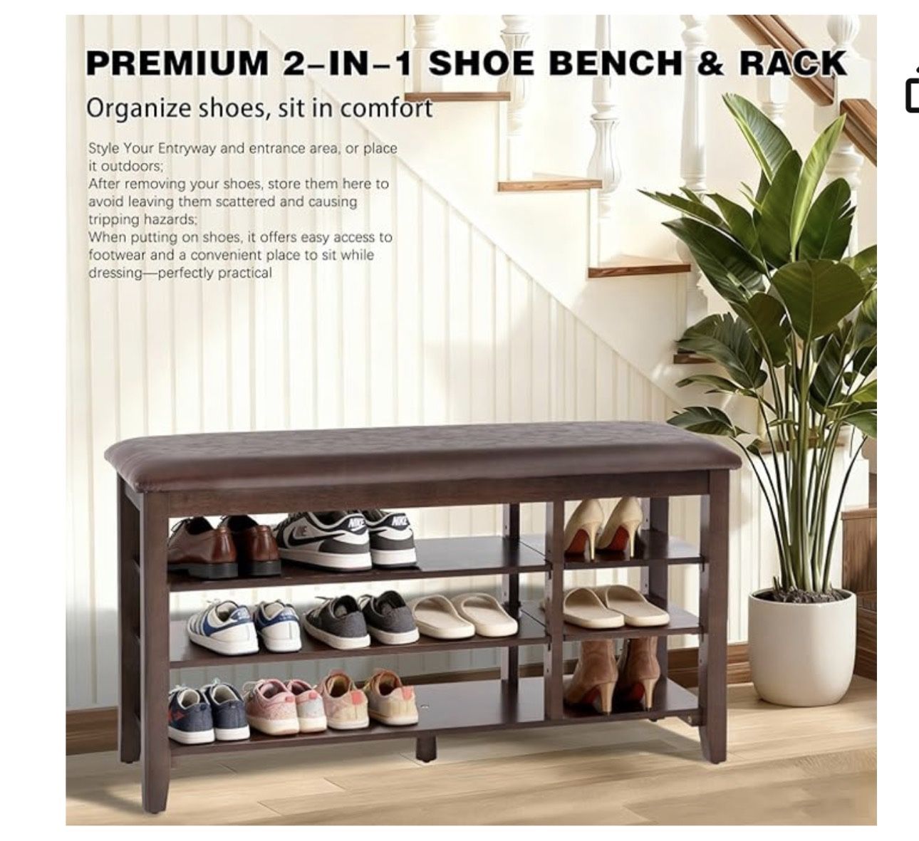 3 Tier Shoe Rack Bench for Entryway, Adjustable Storage Shelves, Rubberwood Storage