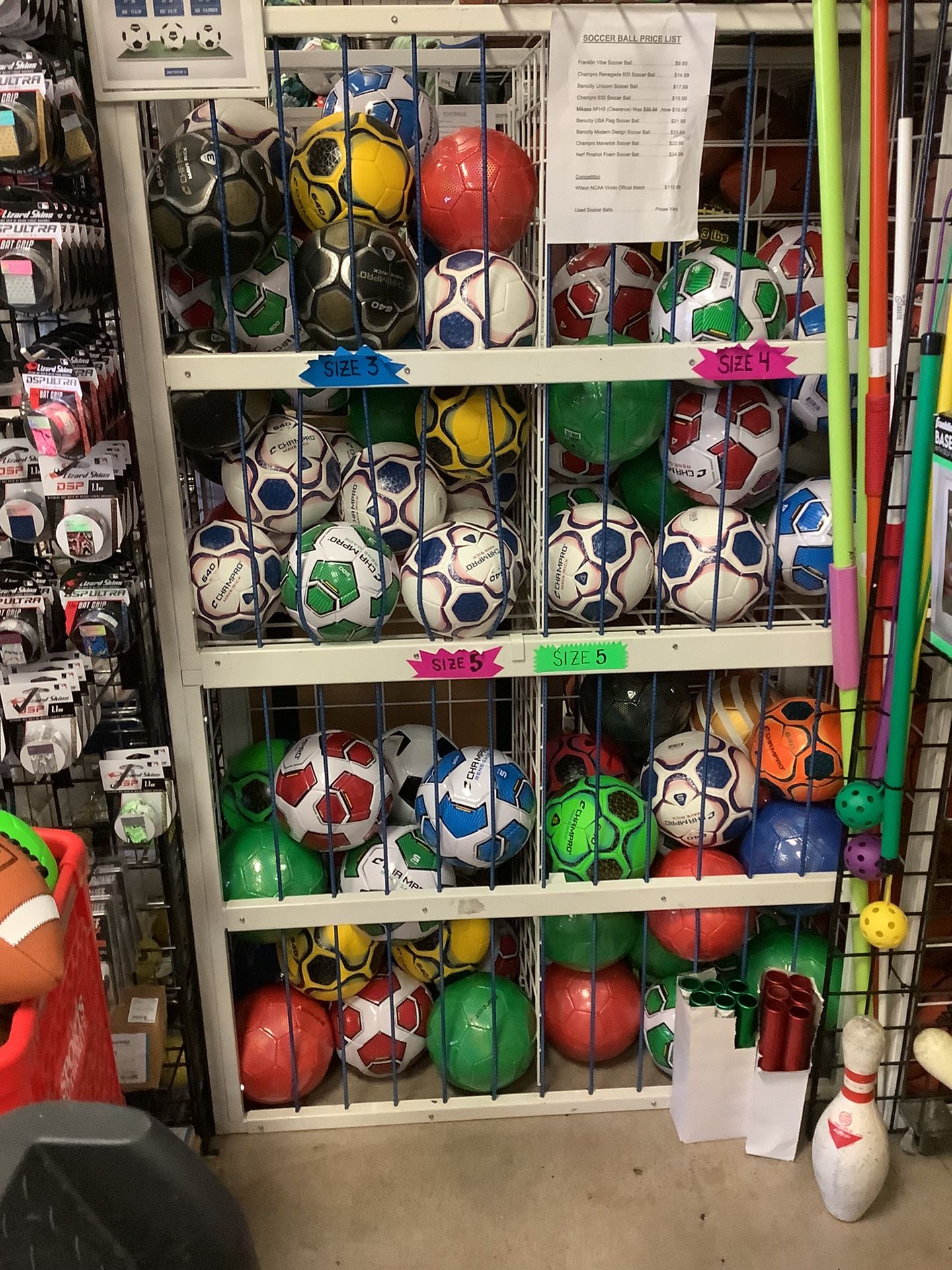 Footballs, soccer balls, basketballs, volleyballs, tennis balls