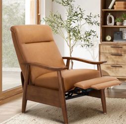Mid-Century Modern Leather Recliner Chair – Solid Wood Frame