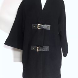 Michael Kors Black Womens Wool Jacket Poncho Coat Buckles with Logo Medium Rare
