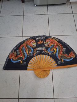 Asian Double Dragon Wall Fan hand painted