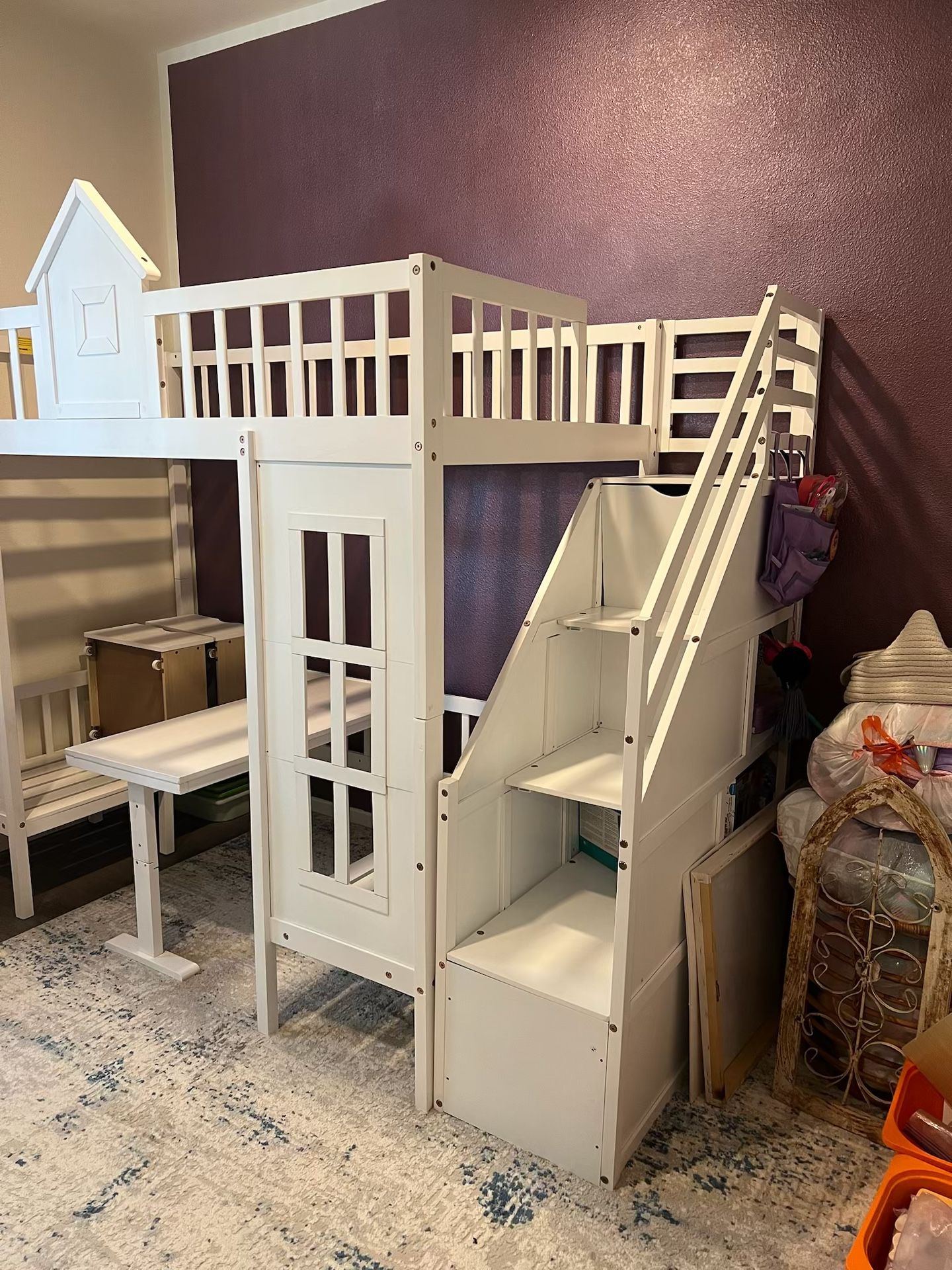 Elevated Kids Loft Bed with Built-in Desk and Benches – Like New!