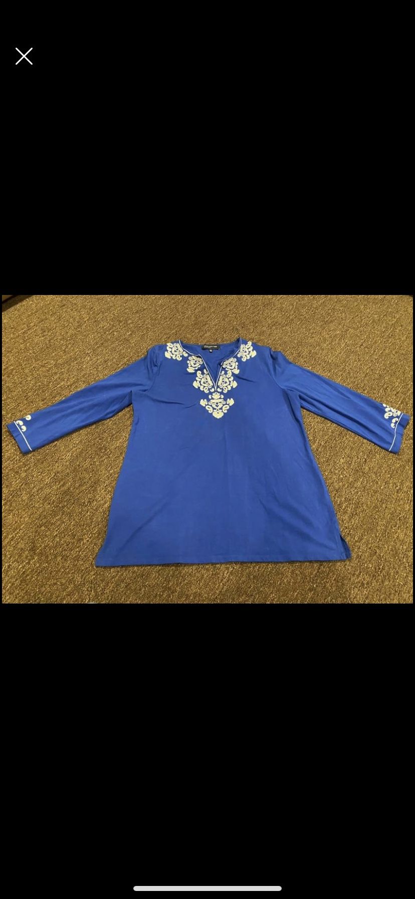 NWOT Jones of NY Signature Tunic Top, Blue W/White Embroidery, Large Blouse Long Sleeve