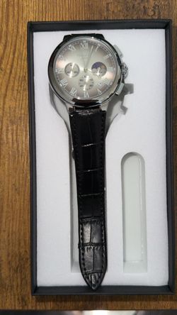 Silver Watch with Moon/Sun Phase and black leather straps