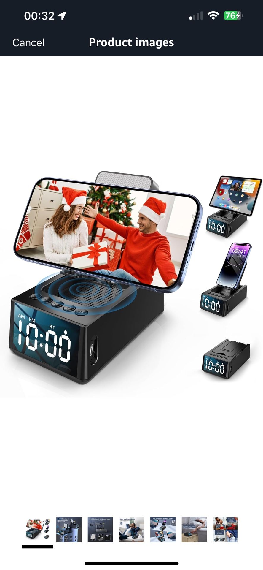 Cell Phone Stand with Wireless Bluetooth Speaker & Alarm Clock, 3 in 1 Adjustable Holder with Anti-Slip Base Fits All Phones Tablets, Unique Tech Gift