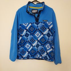 Lands End Fleece Sweatshirt Womens Large Blue Snowflake 1/4 Snap Pockets 