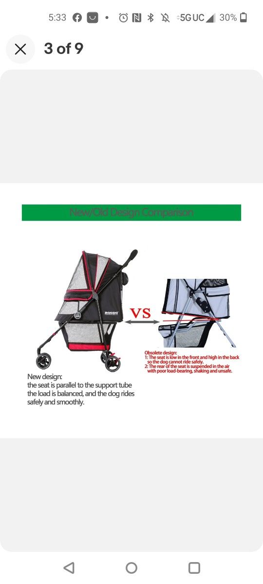 ROODO Escort 3 Wheel Pet Strollers Small Medium Dogs Cat Kitty Cup Holder Lig...