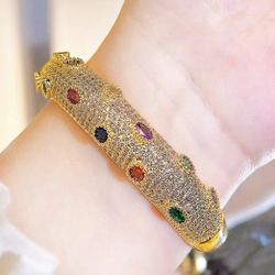 Exquisite Micro Pave 14K Gold Plated Multicolor Cubic Zirconia Luxury Women's Bracelet 