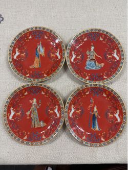 6” Philippe Deshoulieres Le Dame de Loire Porcelain Plates Set of 4 France Red