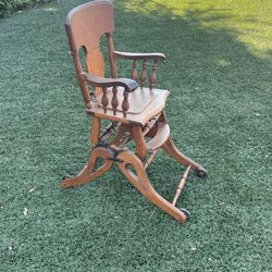 Antique Oak Baby High Chair And Adjustable Rocking Chair