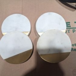 Lattoo Handmade White Marble and Brass Round Shape Set of 4 Tea Coasters for Home and Office

