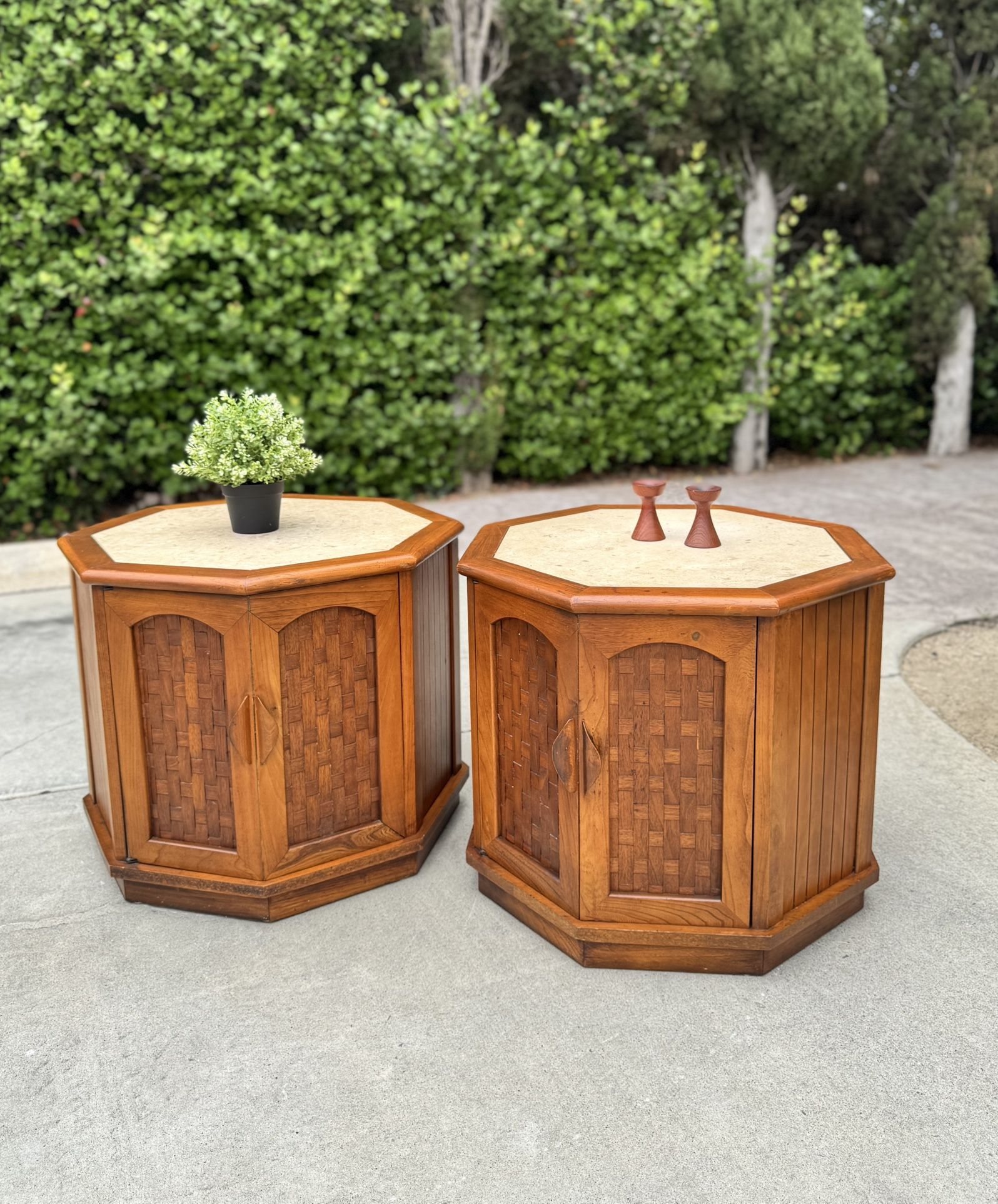 Mid Century Modern Pair (Set 2) Wood Marble End Side Table Nightstand