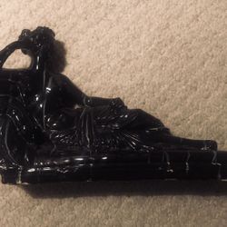 Vintage Black Glazed Partially Nude Woman Lounging On Couch Ceramic/Chalk? Somewhat Heavy Piece Statue 3x14x9H.  